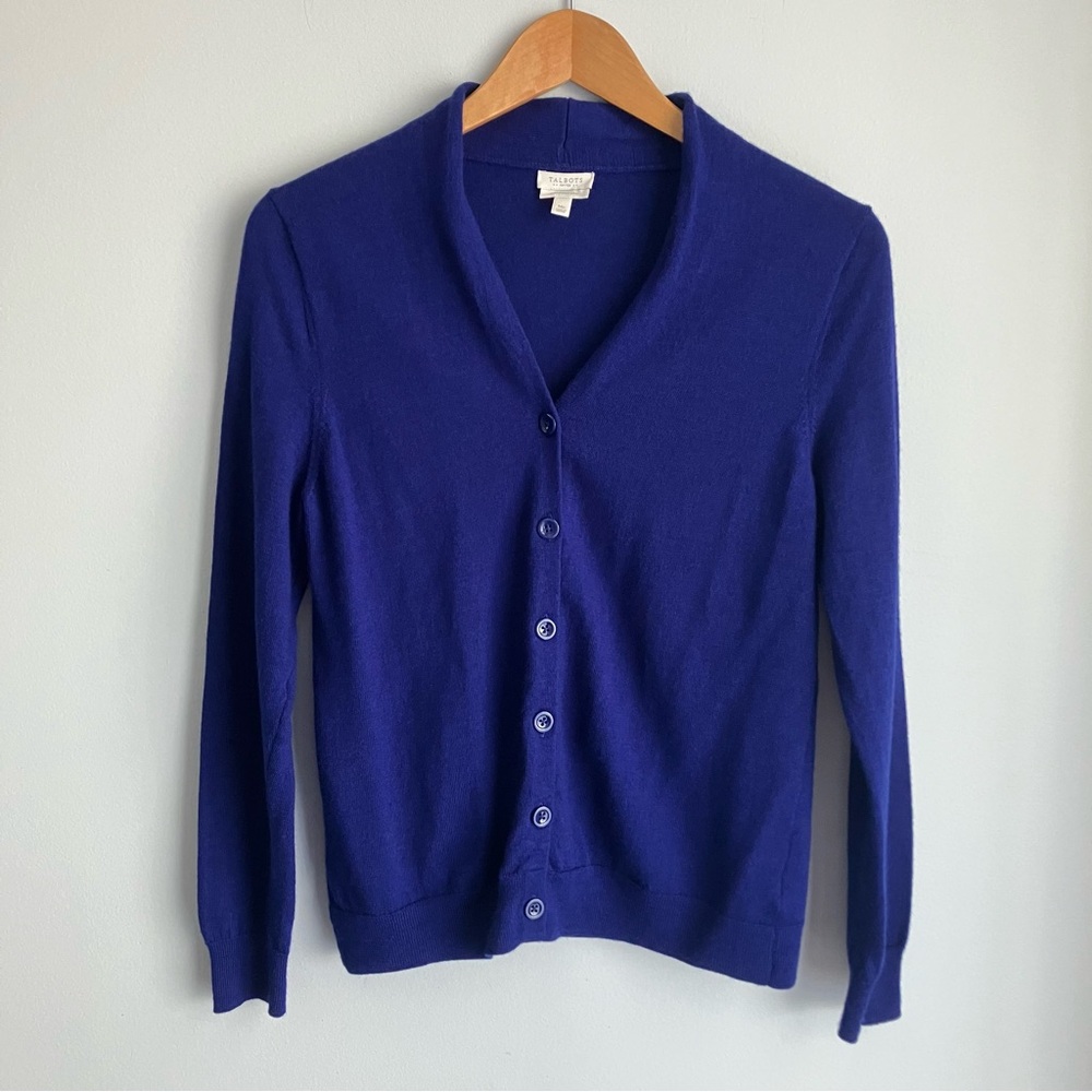 Talbots Petites MP 100% Merino Wool Cobalt Blue Button Cardigan Sweater Classic